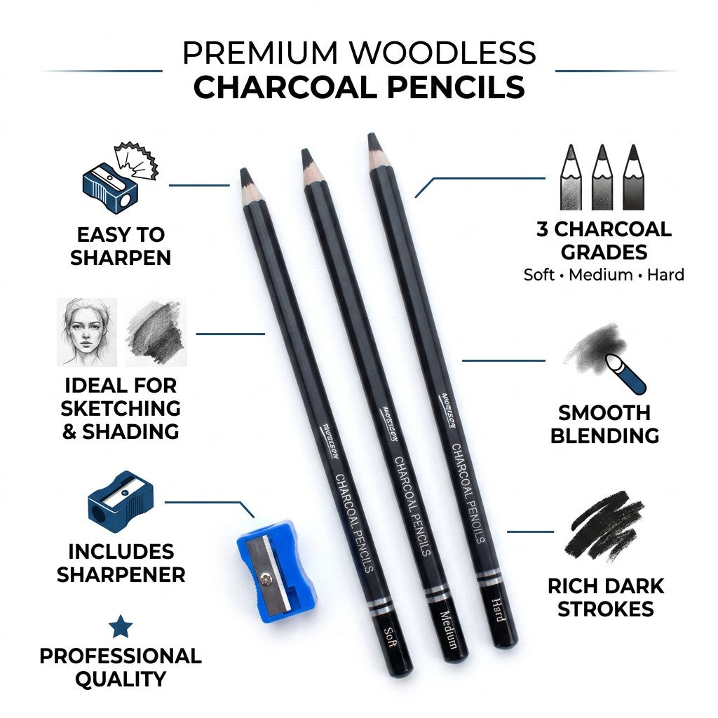 Charcoal Pencils Soft, Medium and Hard with Sharpener Set of 3pcs Blister