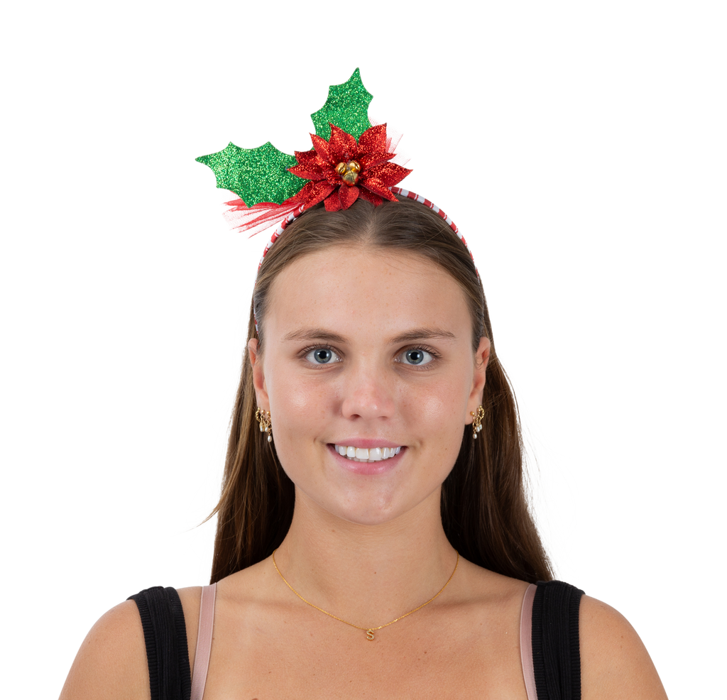 Headband Poinsettia Holly Leaf With Bow 1pc