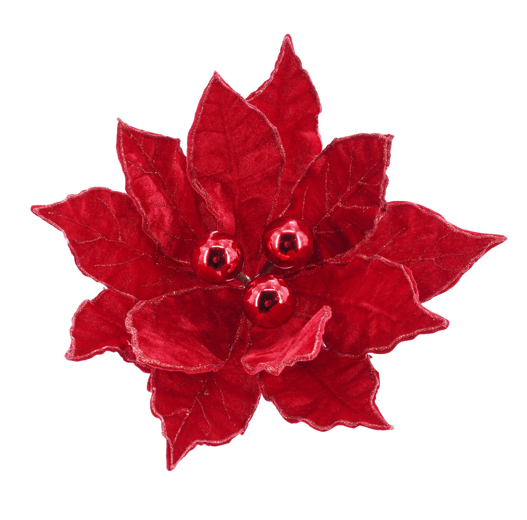 Poinsettia Red Baubles Stem with Clip 1pc