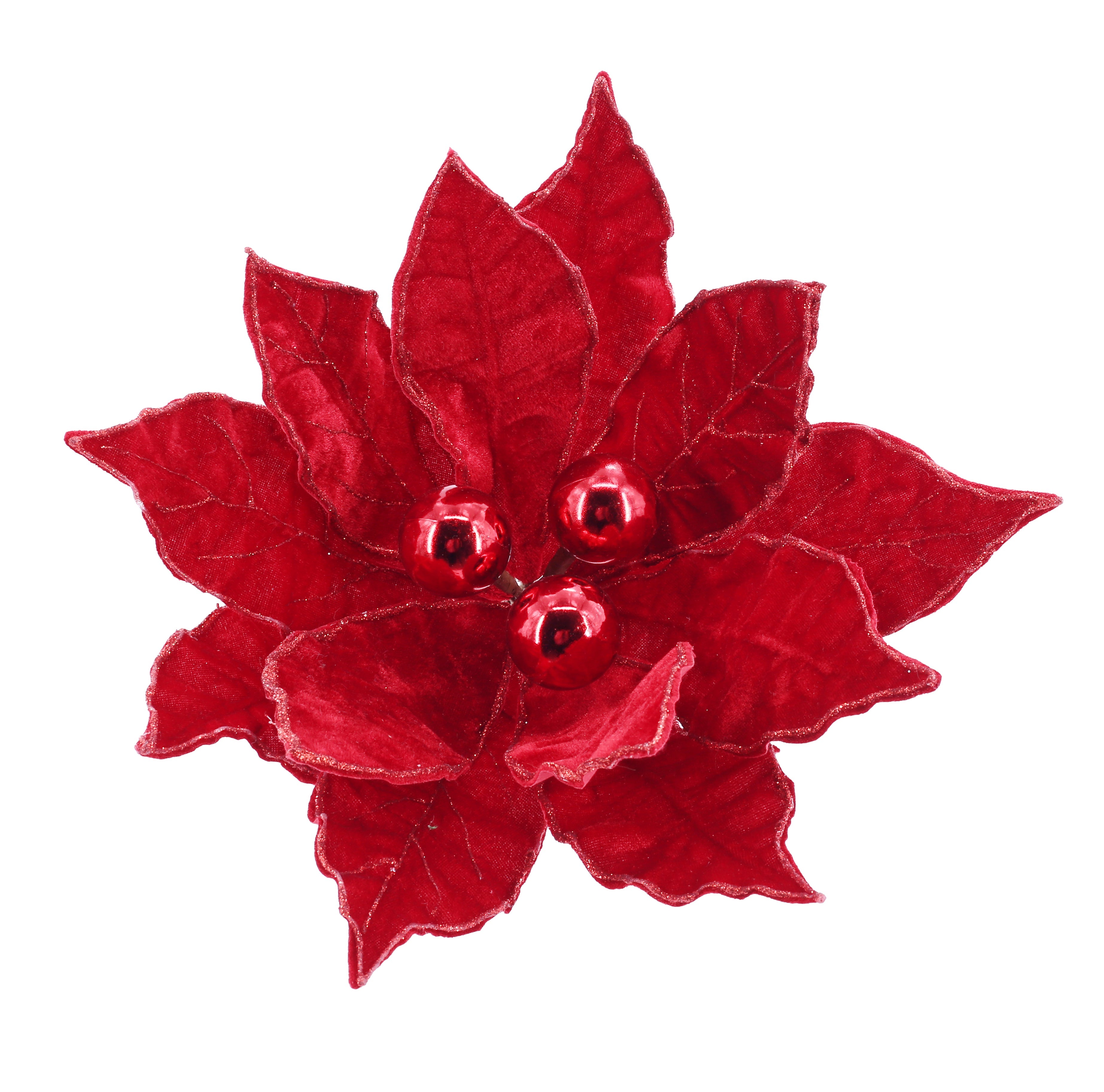 Poinsettia Red Baubles Stem with Clip 1pc