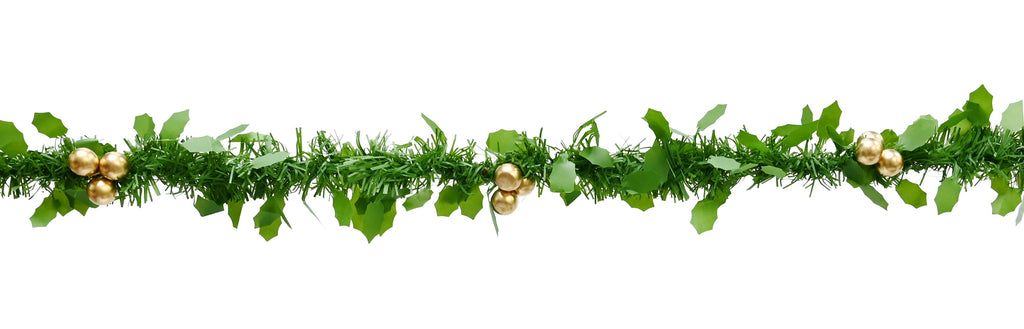Holly Berry Garland Green Tinsel and Holly Leaves with and 12 Berry Bunches Matte Gold 3mtr