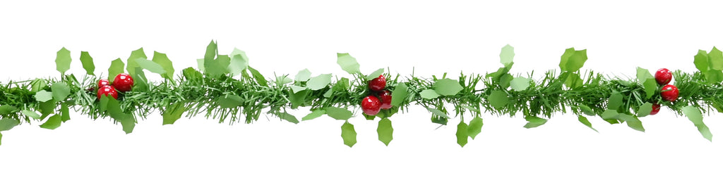 Holly Berry Garland Green Tinsel and Holly Leaves with and 12 Berry Bunches Glossy Red 3mtr