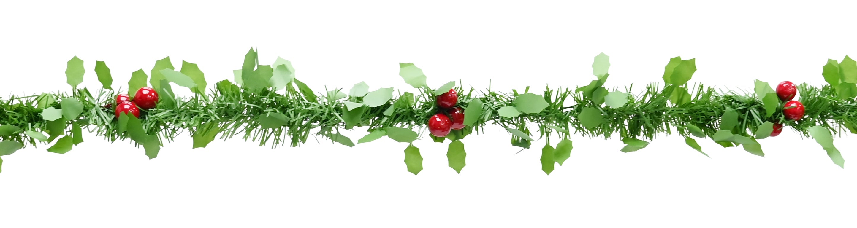Holly Berry Garland Green Tinsel and Holly Leaves with and 12 Berry Bunches Glossy Red 3mtr