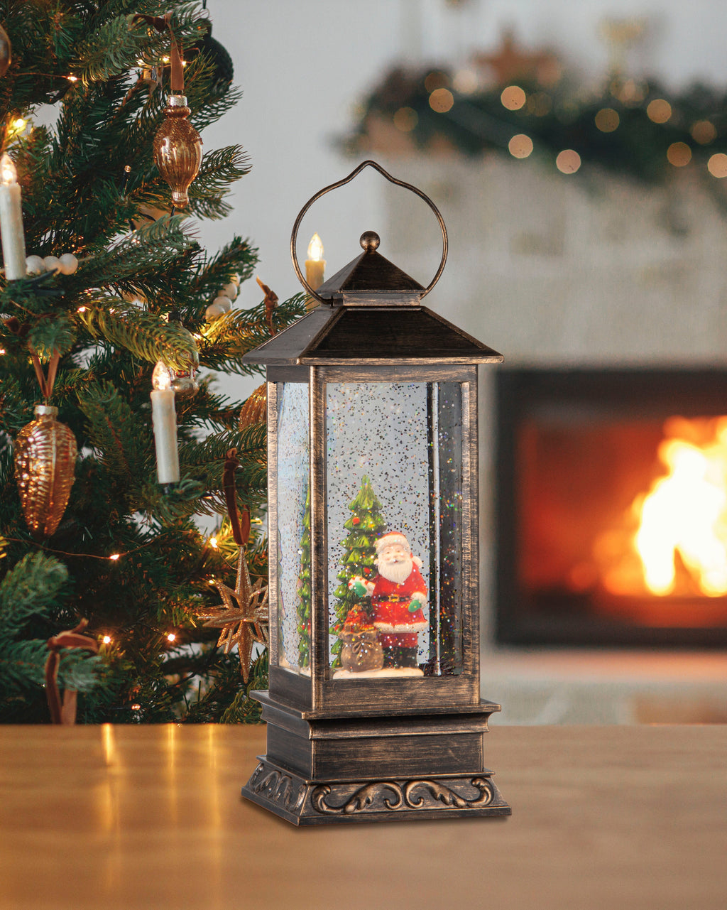 Christmas Snow Globe Lighted Musical Lantern Santa Standing with Tree USB and Battery Powered 14 X 14 X 31cm 1pc Box