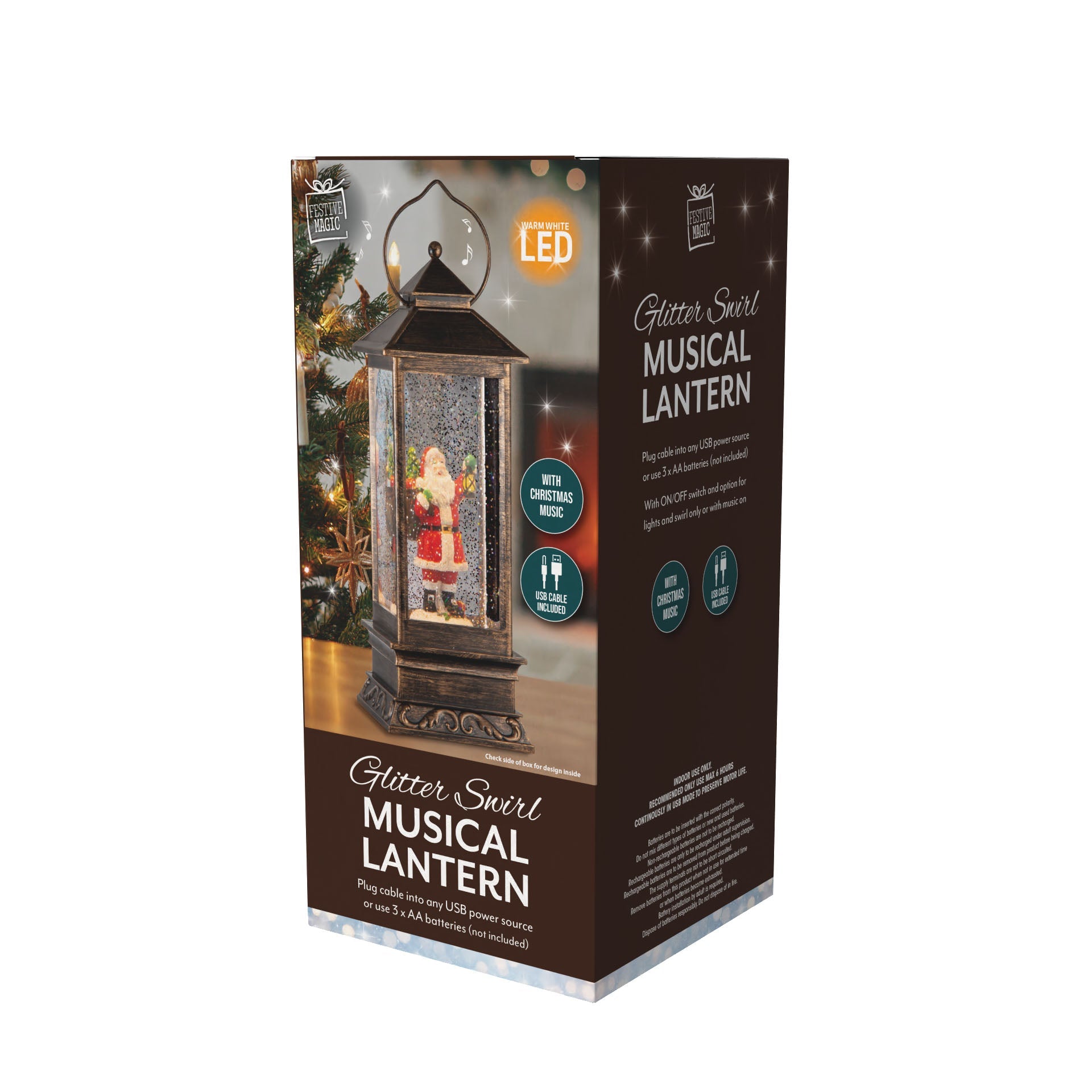 Christmas Snow Globe Lighted Musical Lantern Santa with Lamp USB and Battery Powered 14 X 14 X 31cm 1pc Box