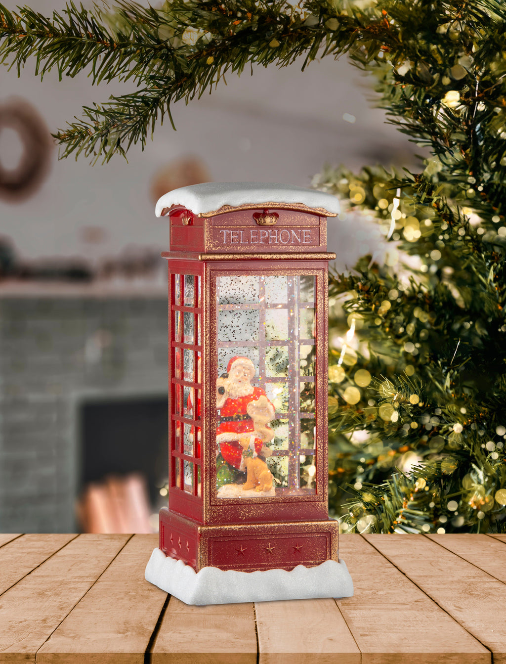 Glitter Swirl Music Snowy Phonebooth USB and Battery Powered 15 X 15 X 29.5 Sanding Santa 1pc Box