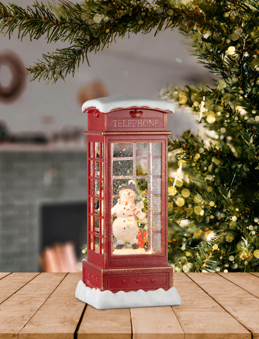 Glitter Swirl Musical Snowy Phonebooth USB and Battery Powered 15 X 15 X 29.5 Snow Man 1pc Box