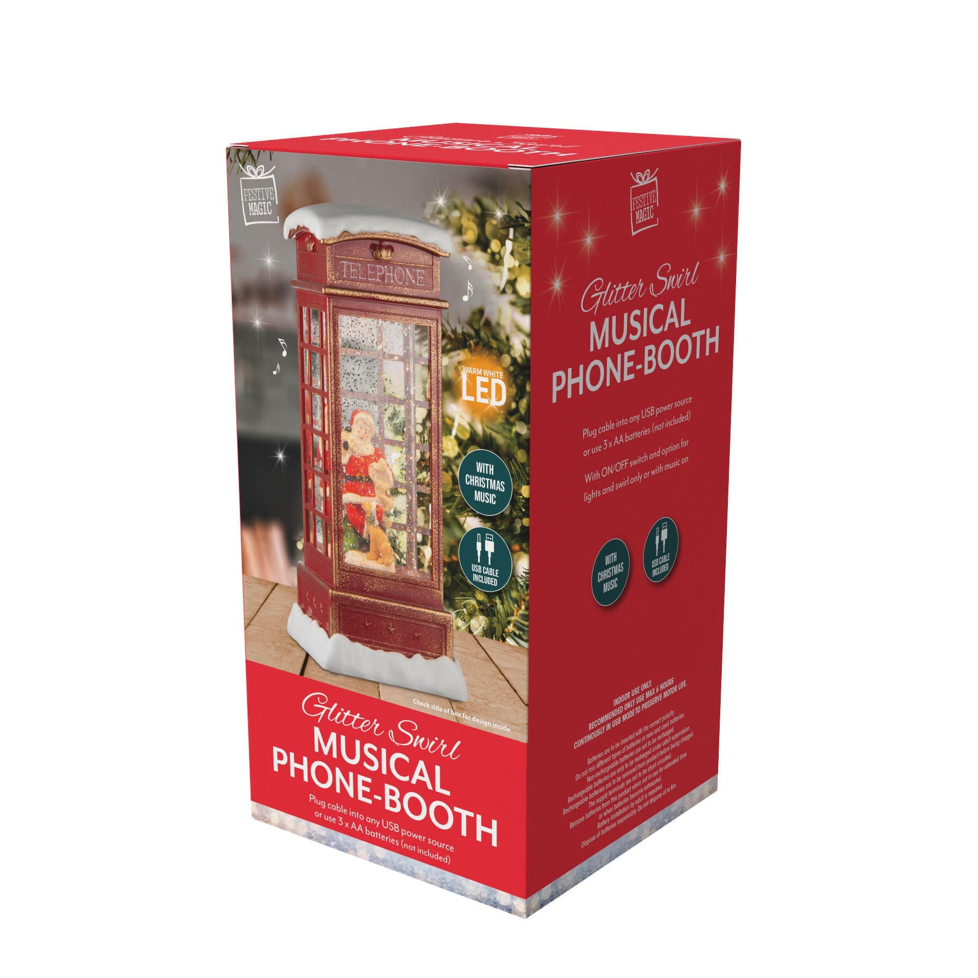 Glitter Swirl Music Snowy Phonebooth USB and Battery Powered 15 X 15 X 29.5 Sanding Santa 1pc Box