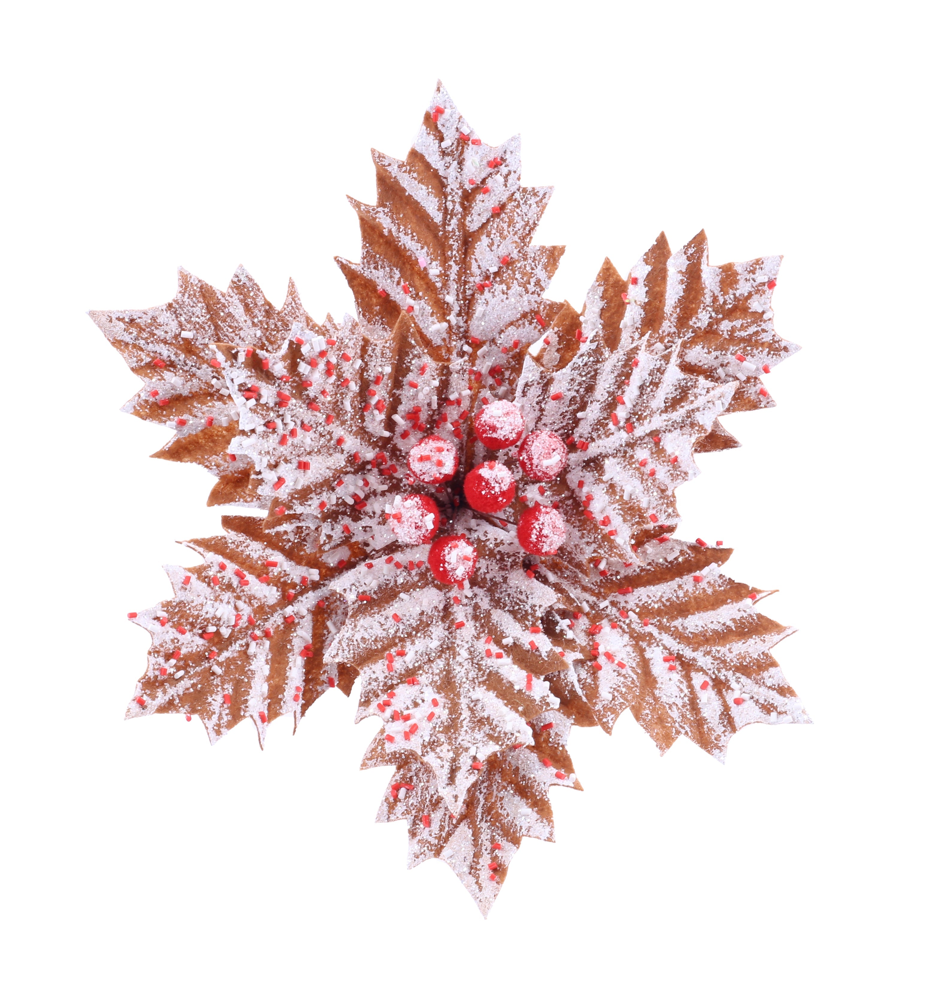 Snowy Gingerbread Poinsettia with Red Iced Berry Centre Stem with Clip 11cm 1pc