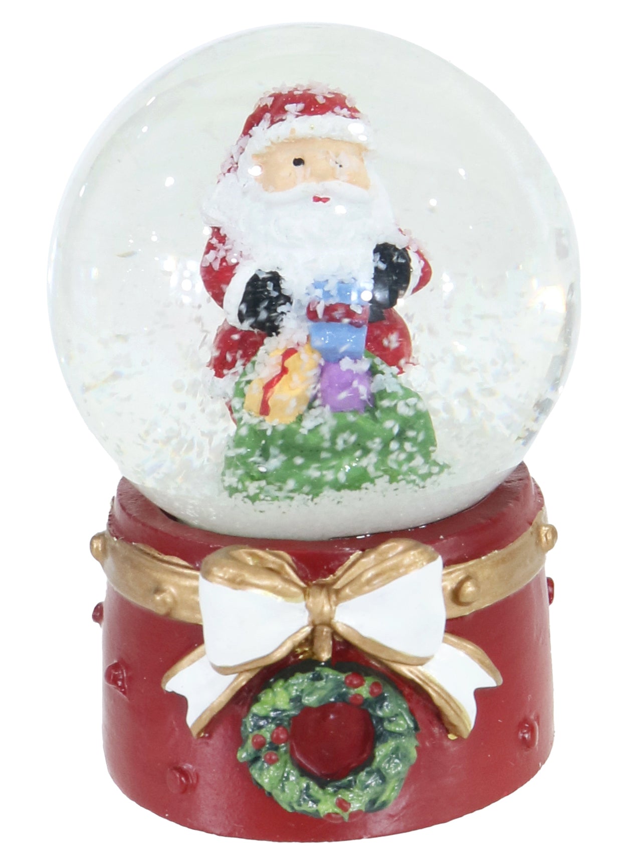 Santa Waterball Red Resin Base with Green Berry Wreath and Gold-White Bow Assorted 45mm 1pc