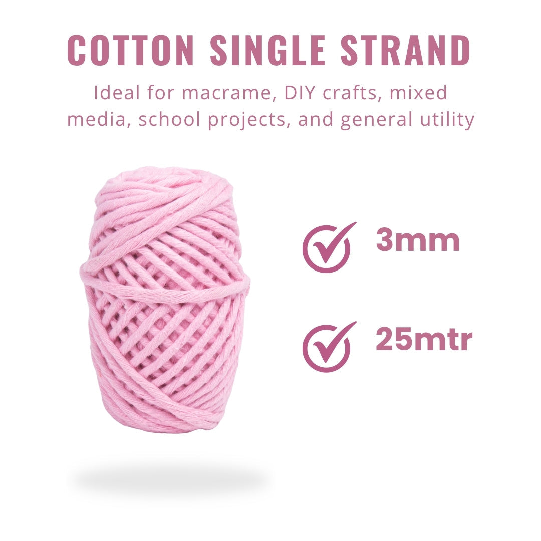 Cotton Single Strand Baby Pink 3mm 25Mtr Roll