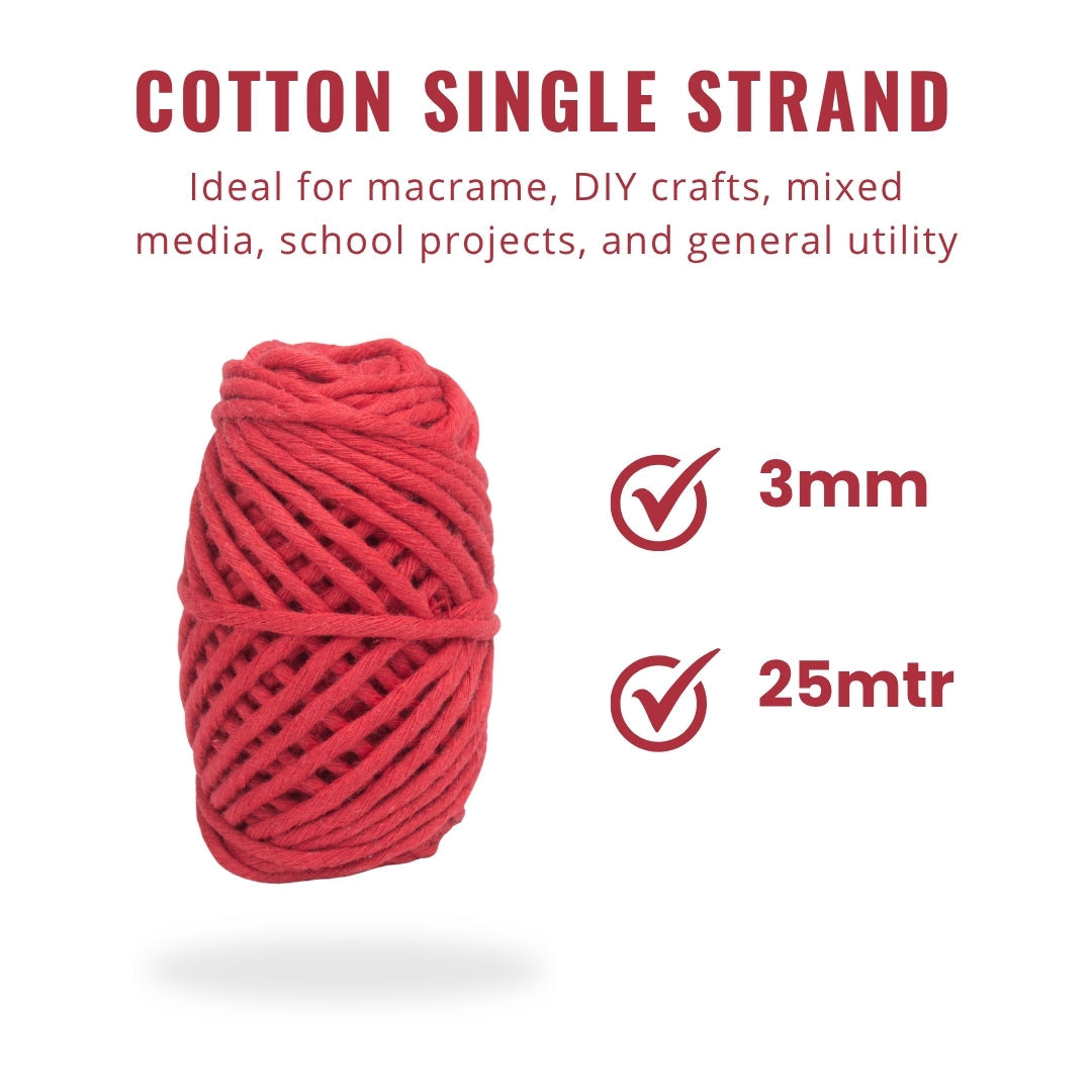 Cotton Single Strand Red 3mm 25Mtr Roll