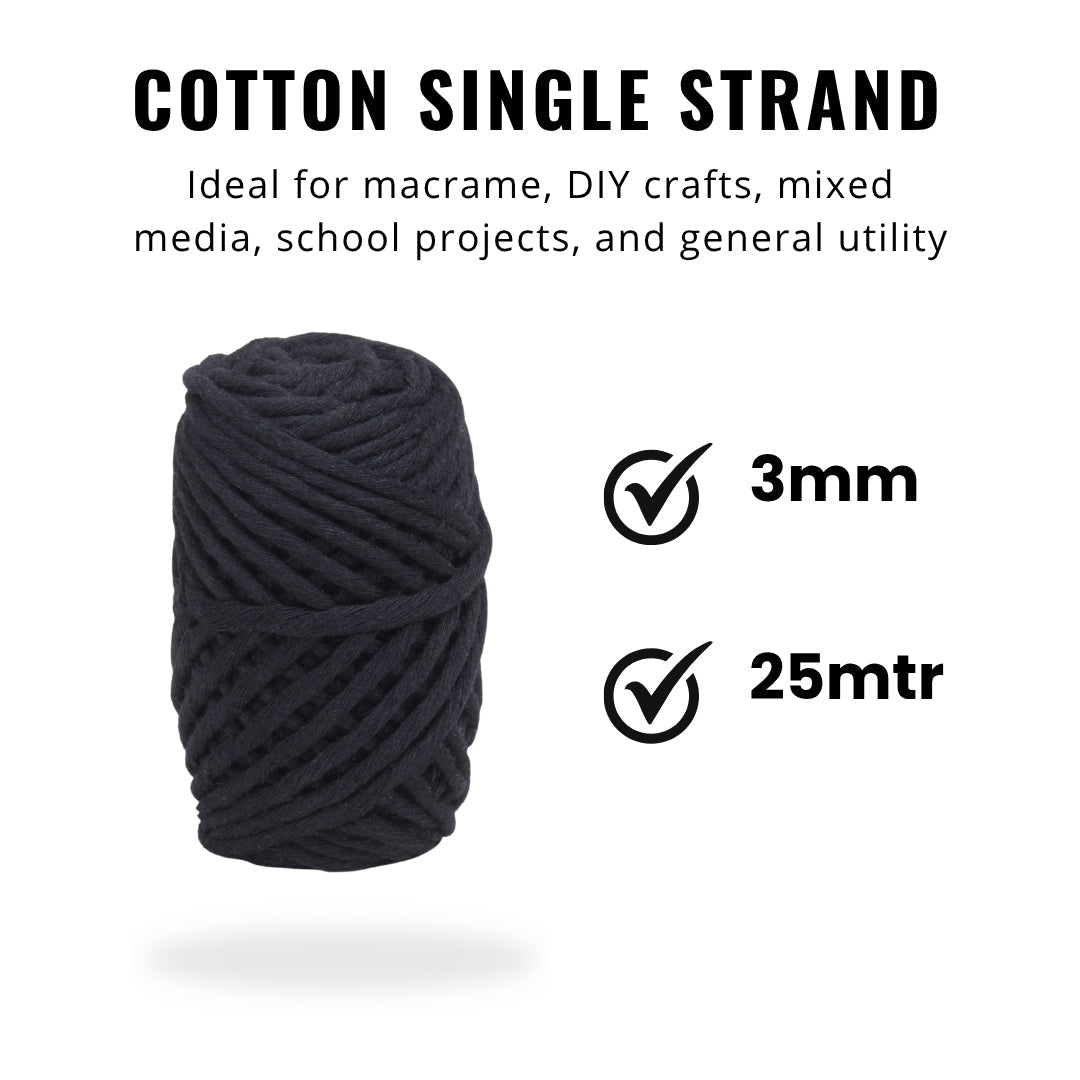 Cotton Single Strand Black 3mm 25Mtr Roll