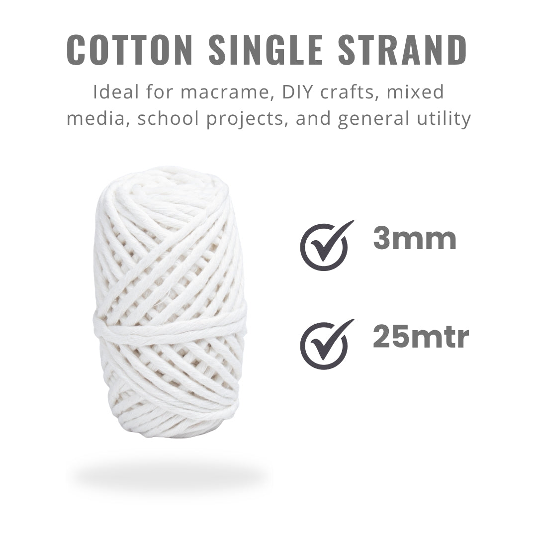 Cotton Single Strand White 3mm 25Mtr Roll