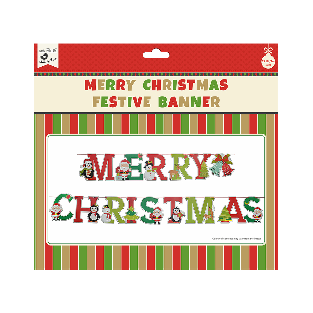 Little Birdie Merry Christmas Festive Banner 15pc & Ribbon 4m
