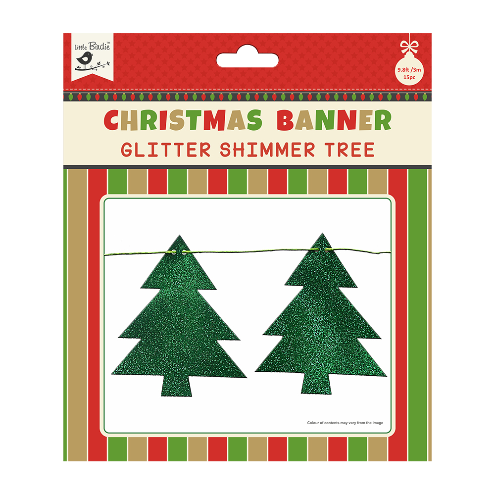 Little Birdie Christmas Shimmer Tree - Festive Banner 12pc & Ribbon 3m