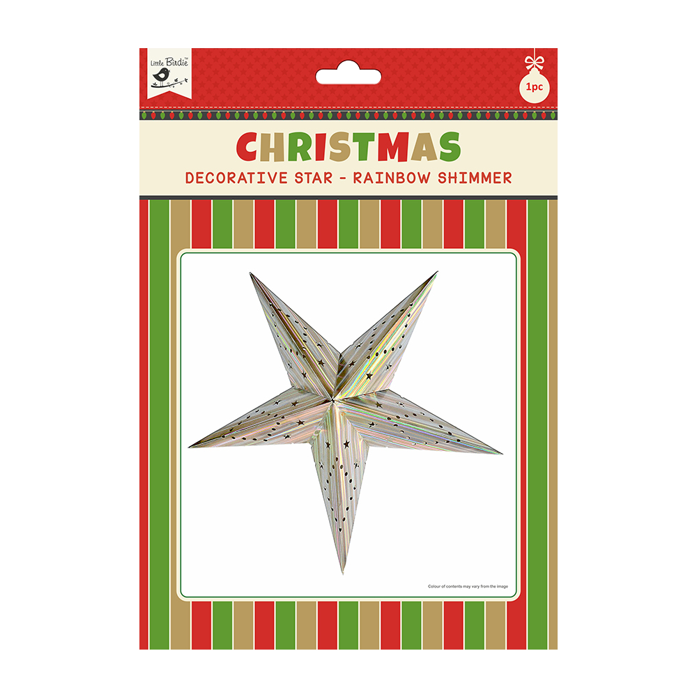 Little Birdie Christmas Decorative Star - Rainbow Shimmer 1pc 48cm X 48cm (Approx) Ribbon 50cm