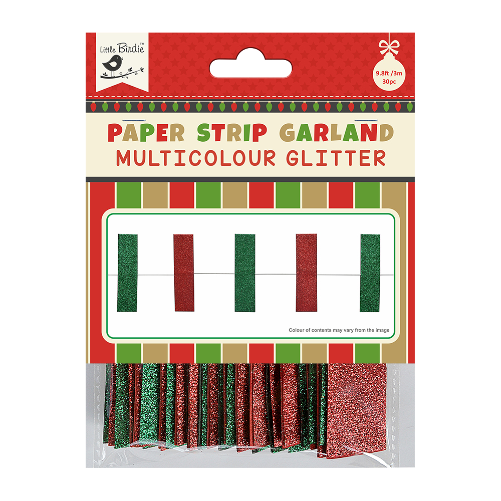 Little Birdie Christmas Glitter Paper Strips Garland Red & Green 3m