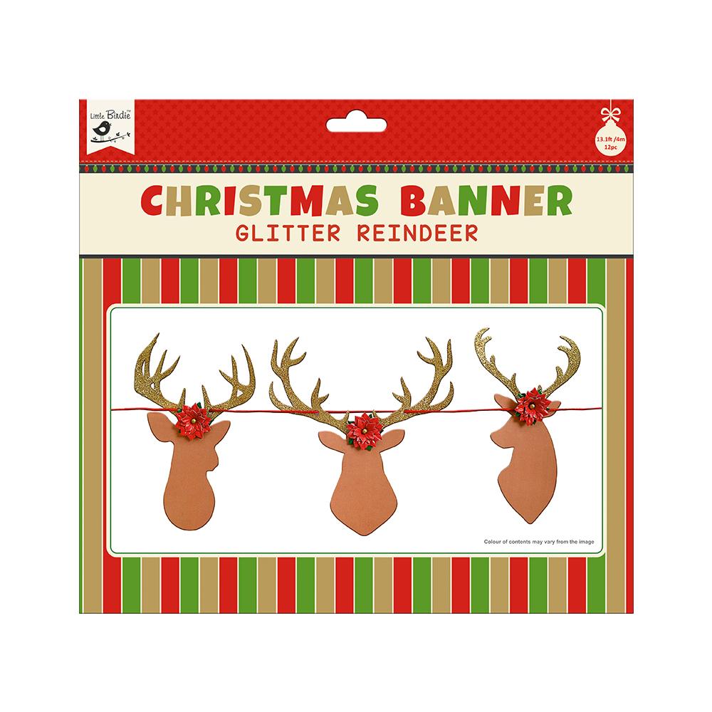 Little Birdie Christmas Banner - Glitter Reindeer, 12pc & 4m Ribbon