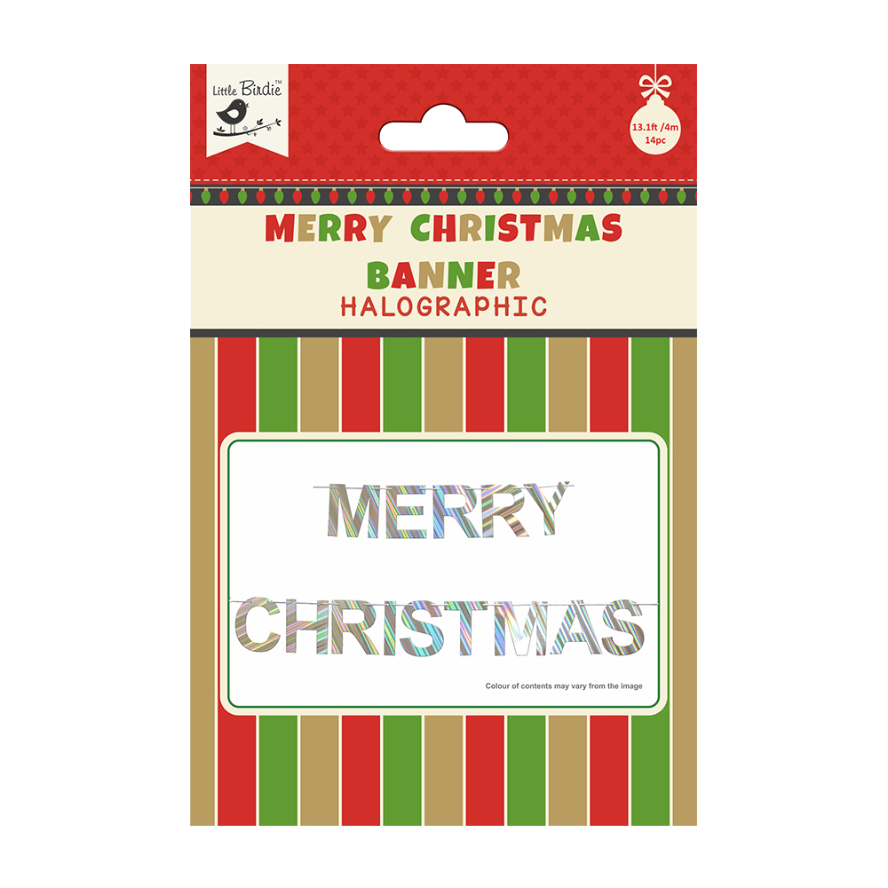 Little Birdie Merry Christmas Holographic Festive Banner 14pc & Ribbon 4m