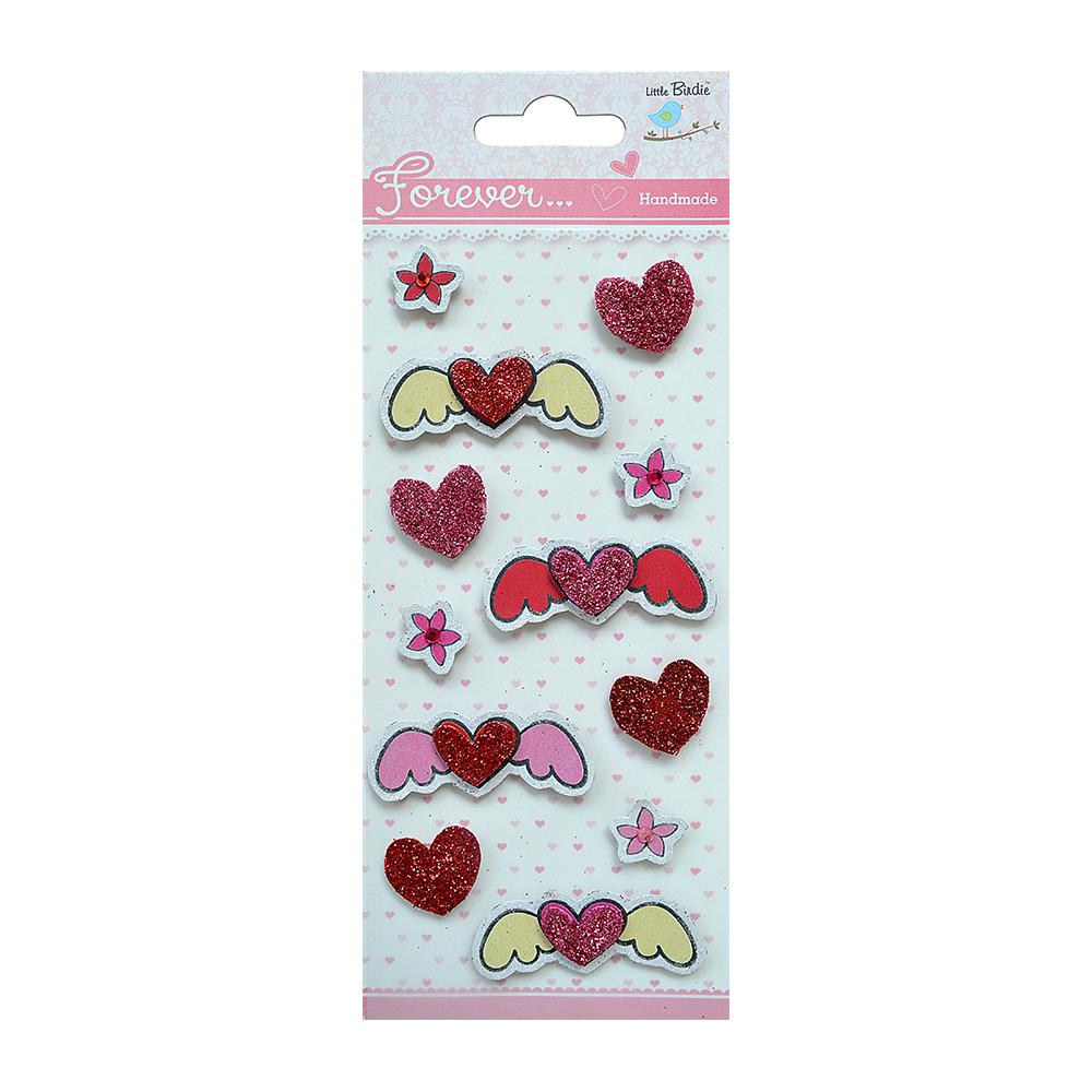 Little Birdie Self-adhesive Glitter Stickers - Angel Hearts, 12Pc