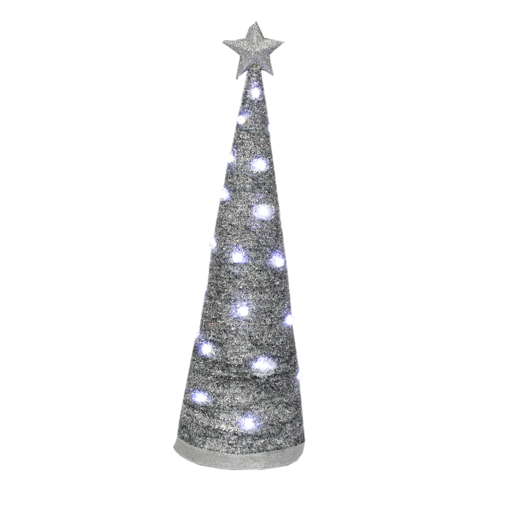 Handmade Conical Christmas Tinsel Tree with LED Light - 14.5 X 4inch, Silver, 1pc