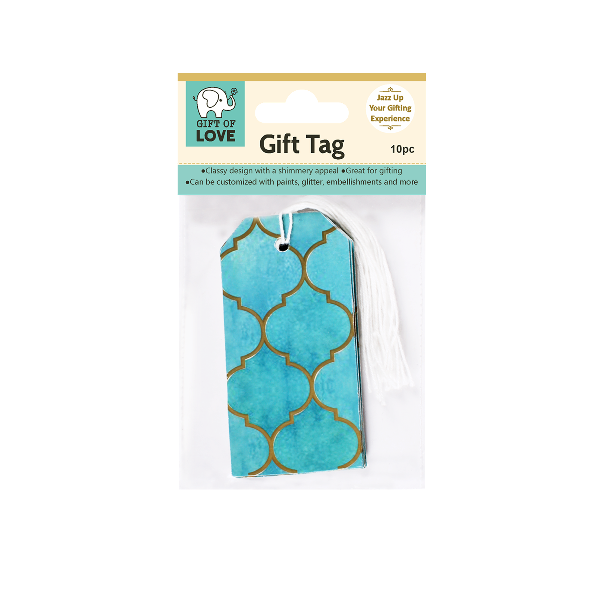 Gift Tags Moroccan Trellis Aqua Shimmer L8.2 X 4.2cm 10pc