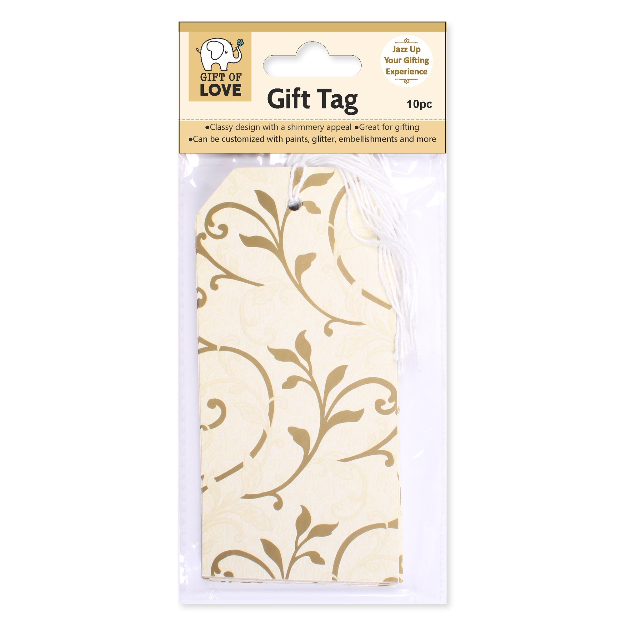 Gift Tags Floral Swirls Ivory Shimmer L8.2 X 4.2cm 10pc