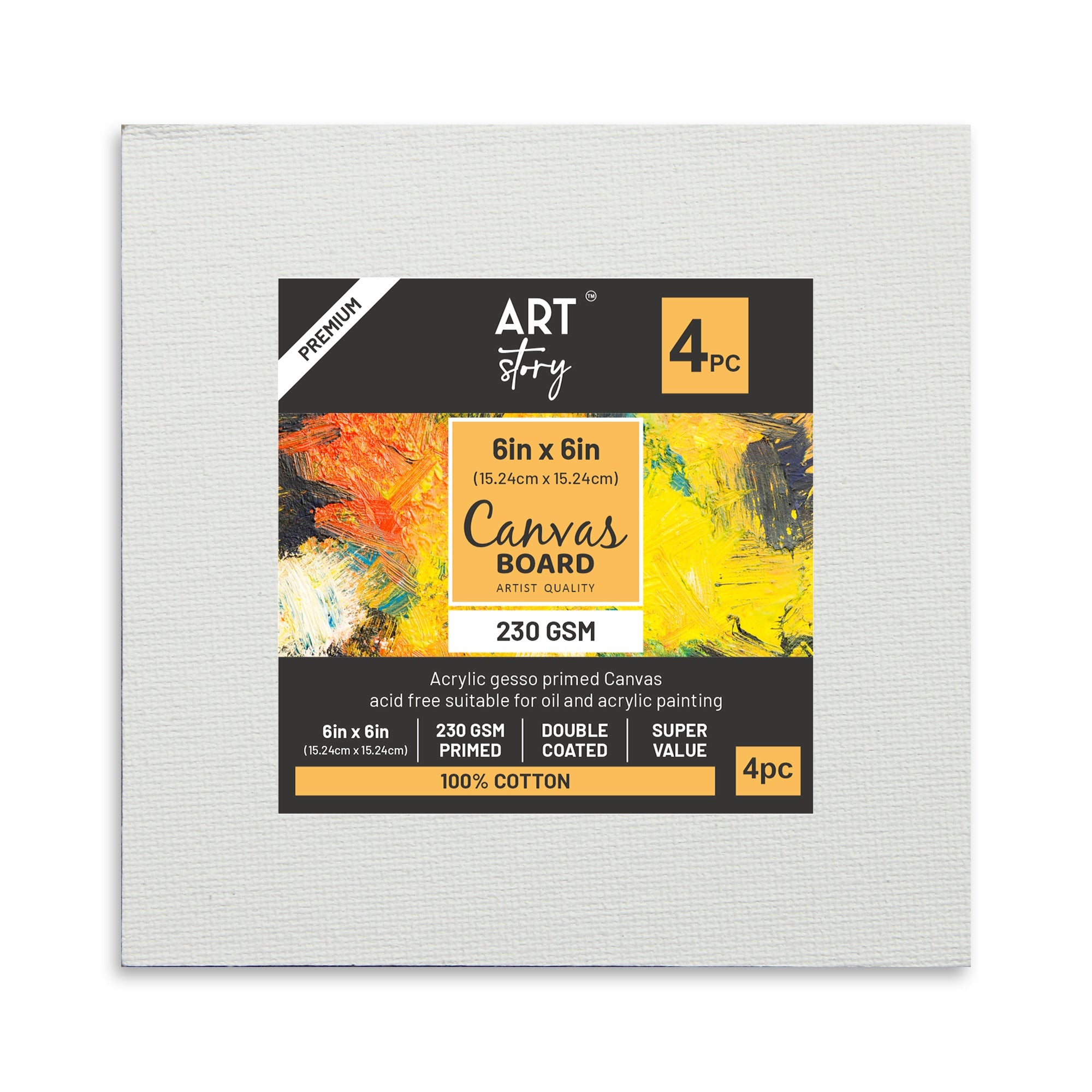 Canvas Board Square 6 X 6Inch 230Gsm 2Mm Thick 4Pc Shrink Lb