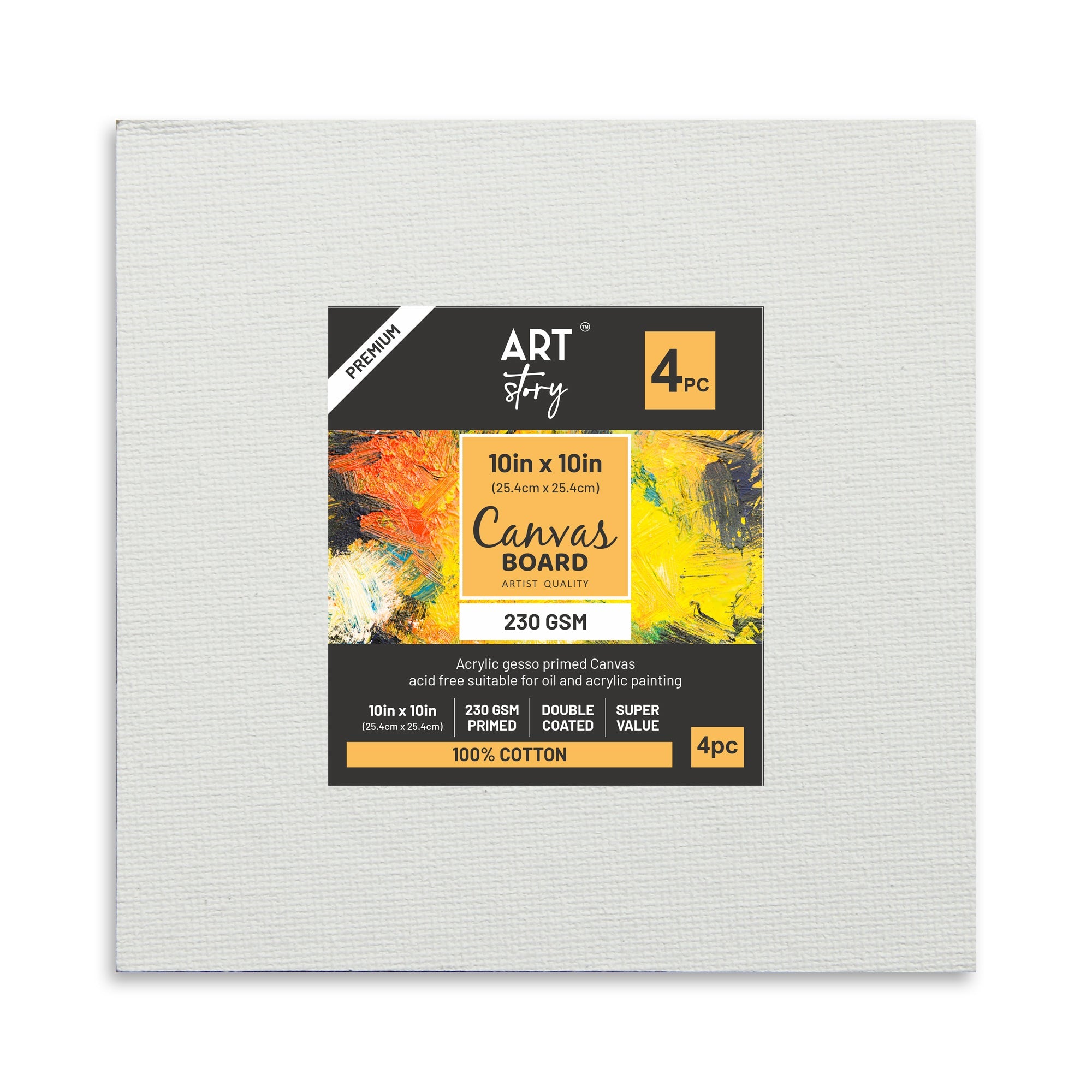 Canvas Board Square 10 X 10Inch 230Gsm 2Mm Thick 4Pc Shrink Lb