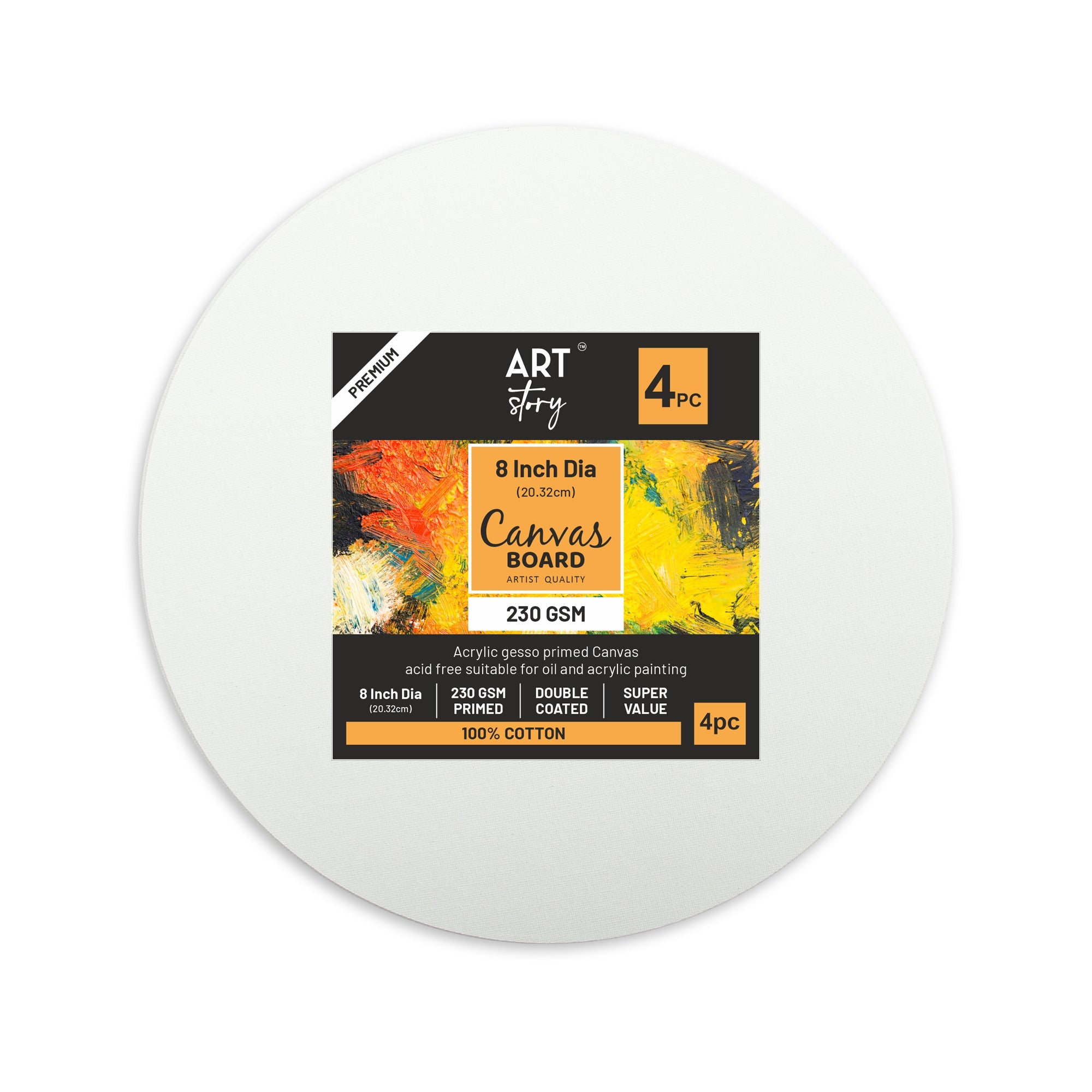 Canvas Board Round 8Inch Dia 230Gsm 2Mm Thick 4Pc Shrink Lb