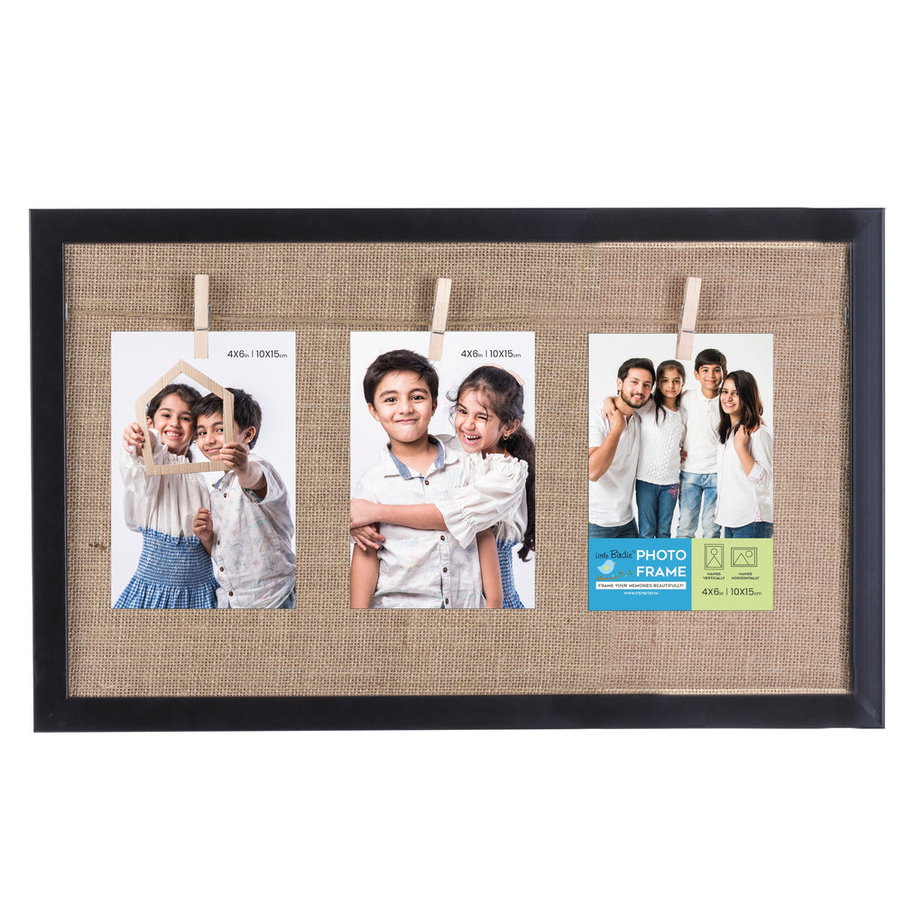 Burlap Photo Frame With 3 Pegs Narrow Black 10 X 20Inch 1Pc Sw Lb