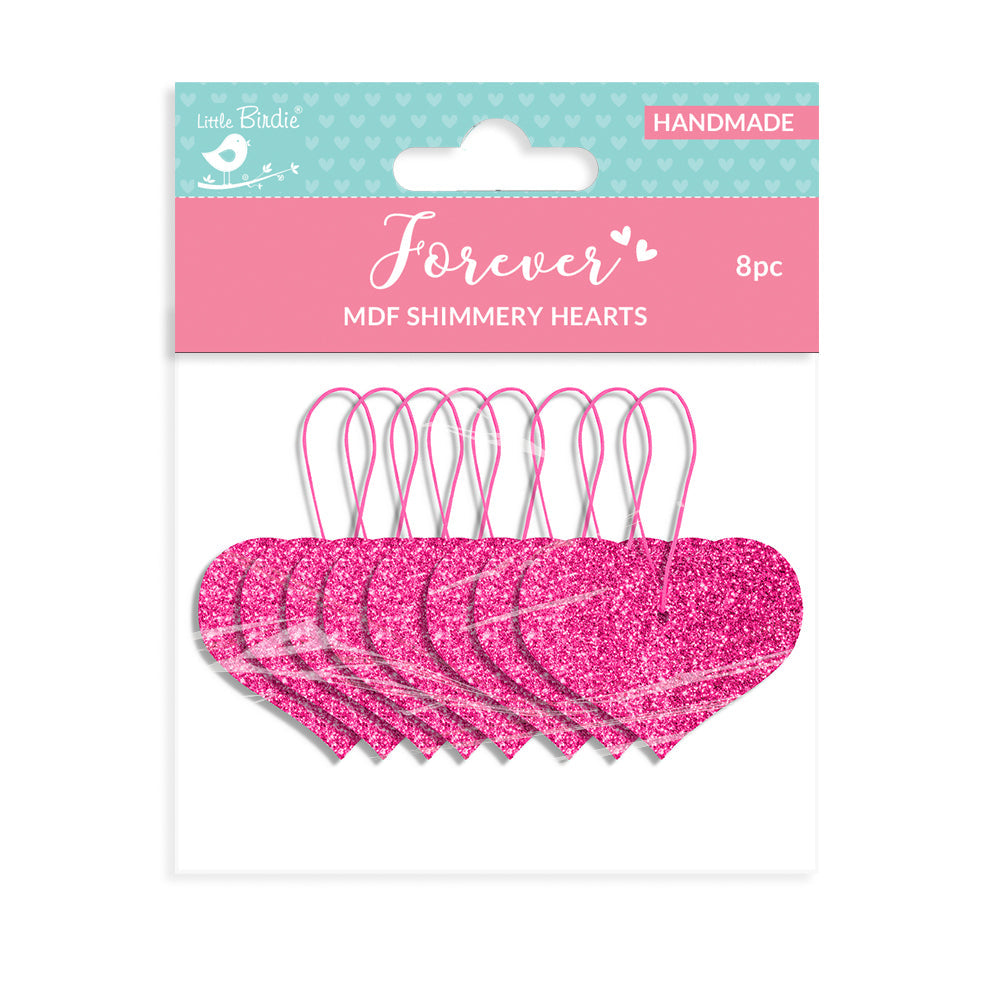 Shimmery Hanging Hearts Plush Pink 2.5 X 2.5Cm 2Mm Thick 8Pc