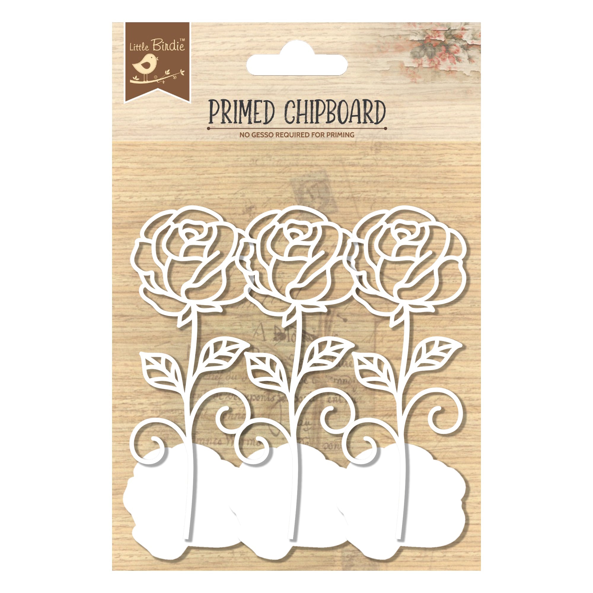 Primed Chipboard Charming Rose 4.25 X 11Cm 3Pc