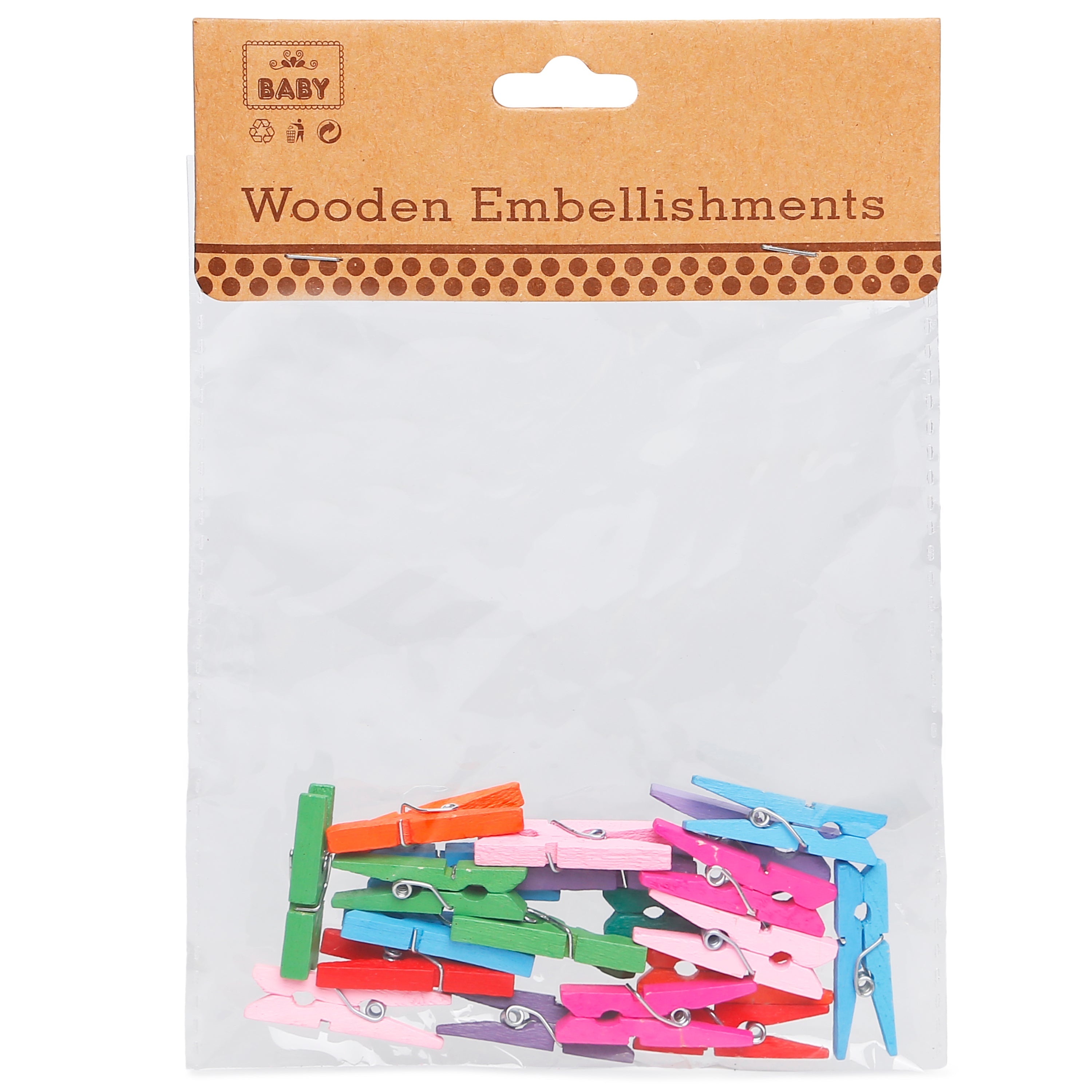 Wooden Pegs - Assorted Colours, 3.0cm, 20Pc