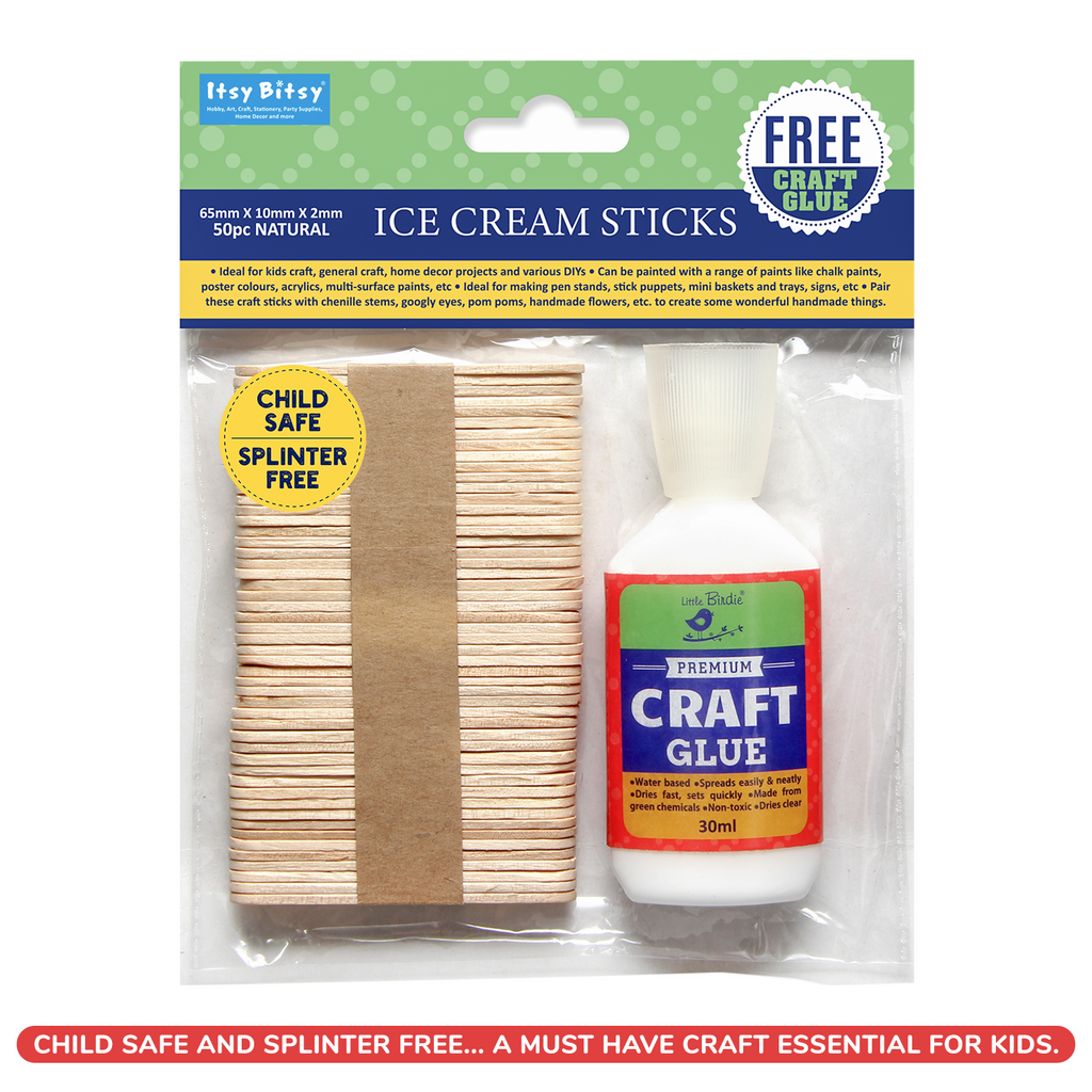 Ice Cream Sticks Natural 65 X 10 X 2mm 50pc With 30Ml Glue