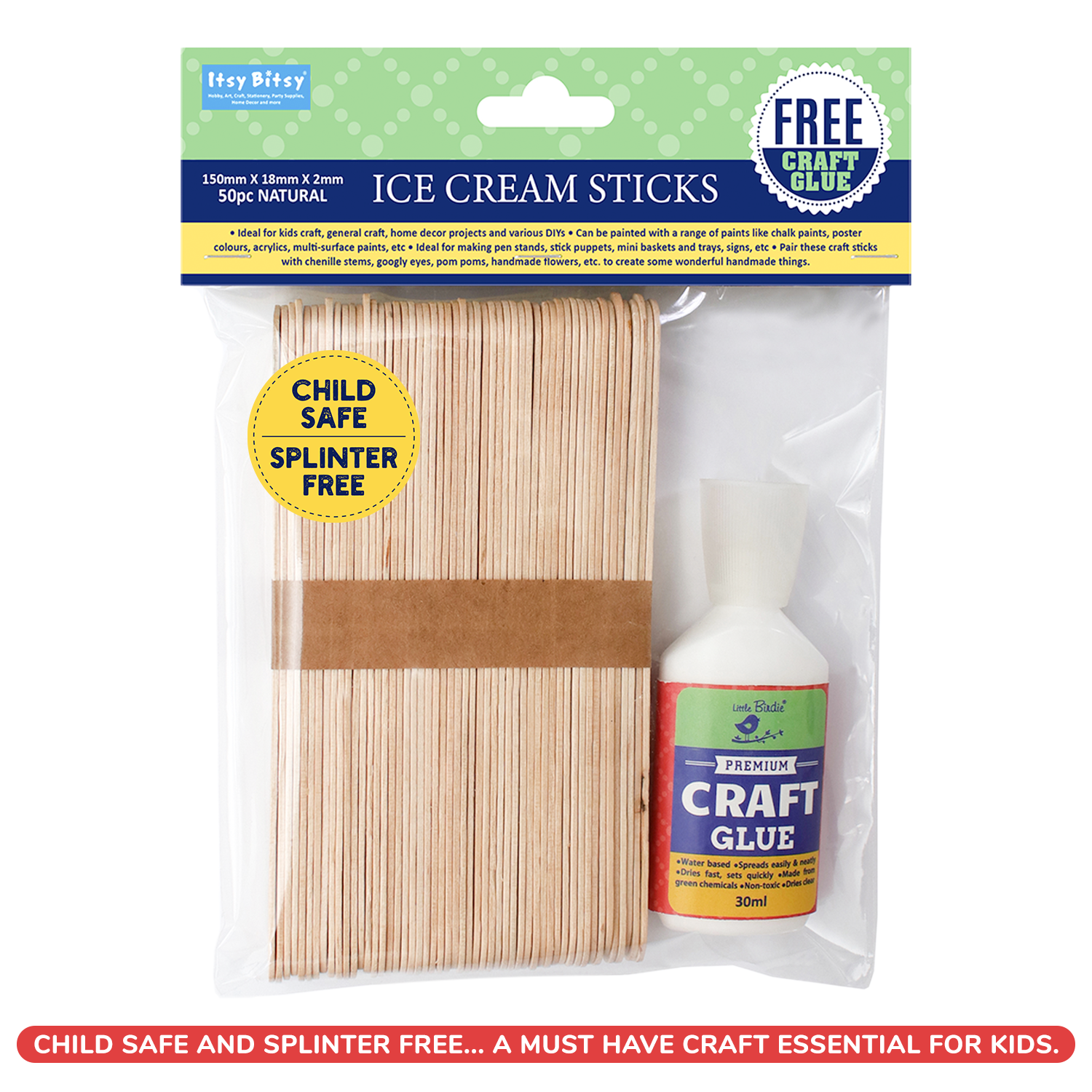 Ice Cream Sticks Natural 150 X 18 X 2mm 50pc With 30Ml Glue