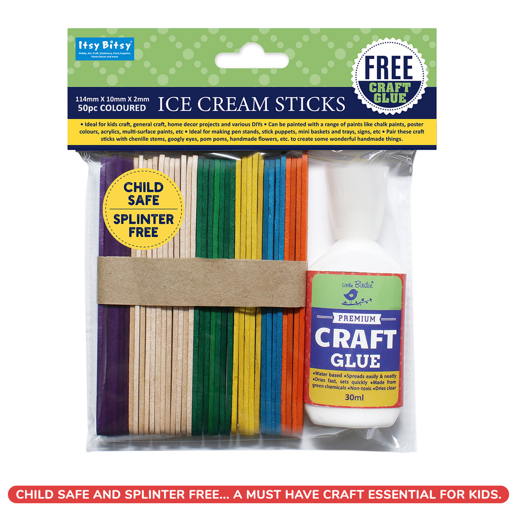 Ice Cream Sticks Coloured 114 X 10 X 2mm 50pc With 30Ml Glue
