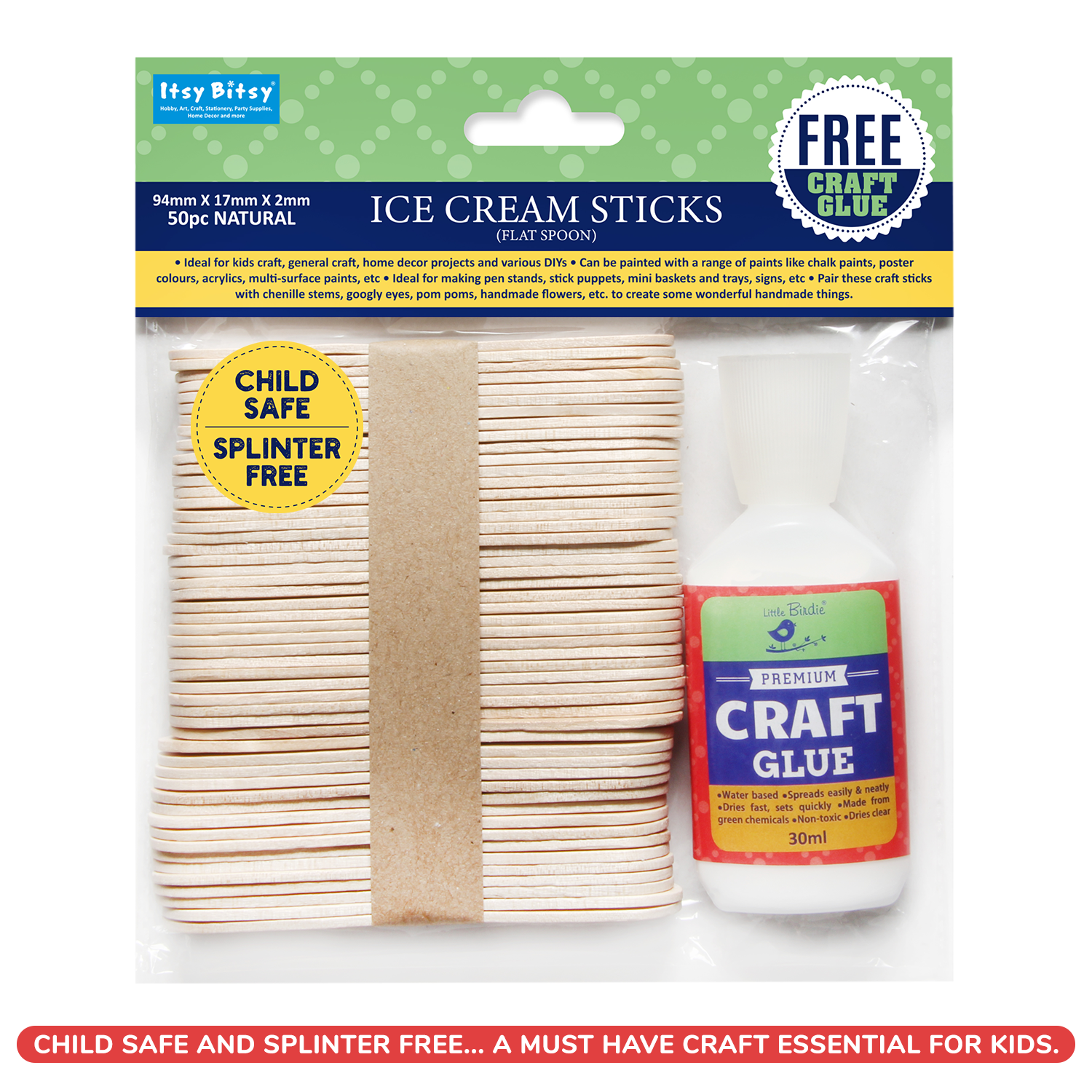 Ice Cream Flat Spoon Sticks Natural 94 X 17 X 2mm 50pc With 30Ml Glue