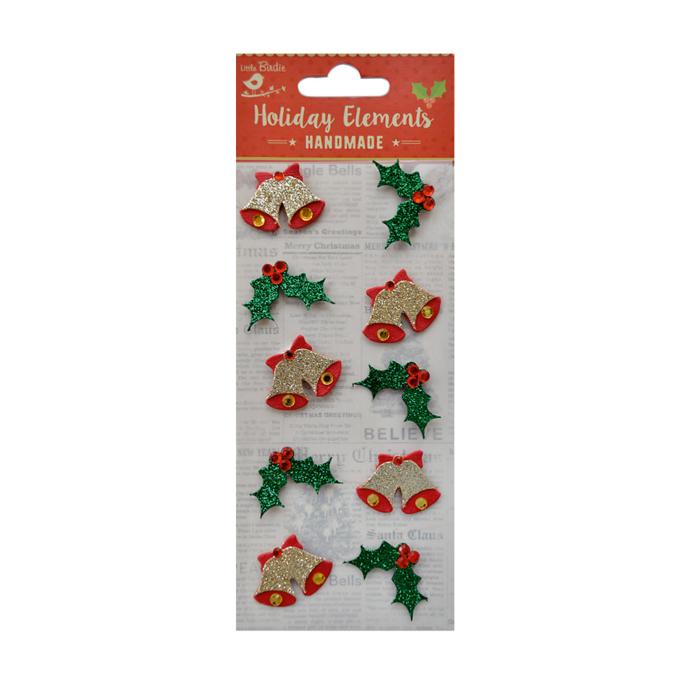 Itsy Bitsy Christmas Stickers - Glitter Bells and Berries, Red and Green, 10 pc