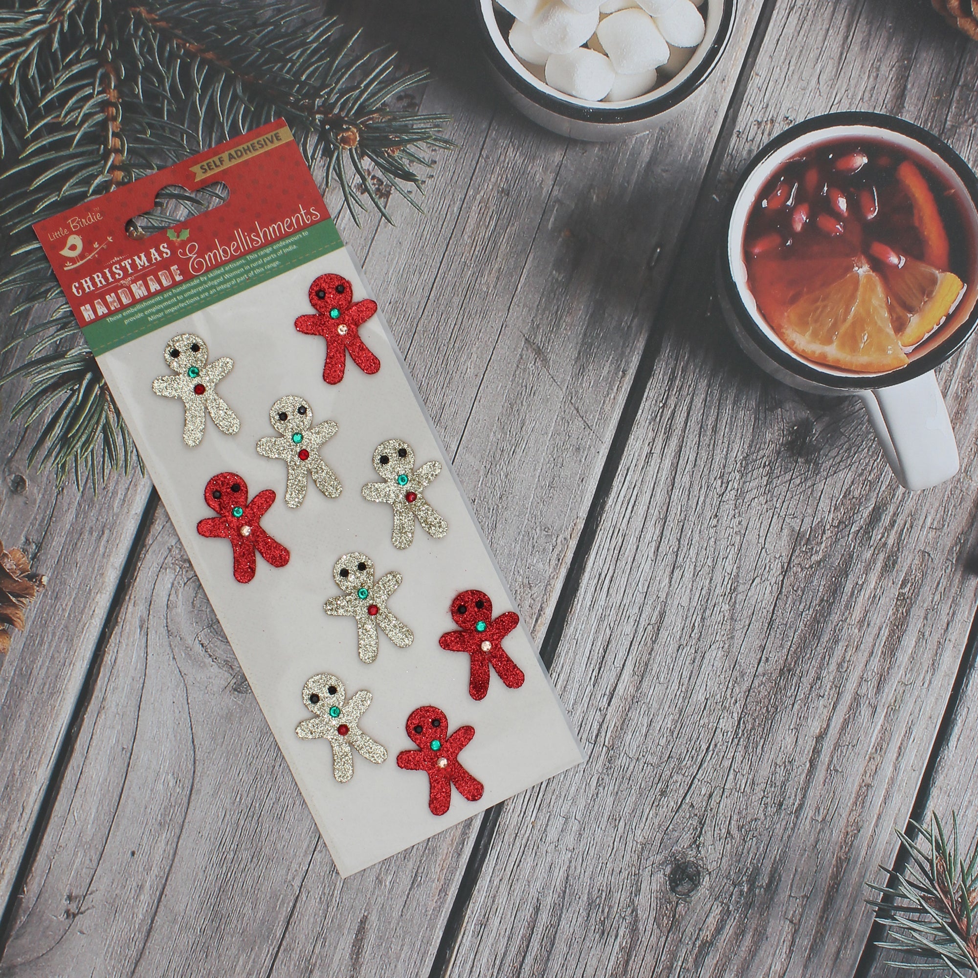 Christmas 3D Mini Glitter Emb Gingerbread Man Gold & Red 9Pcs
