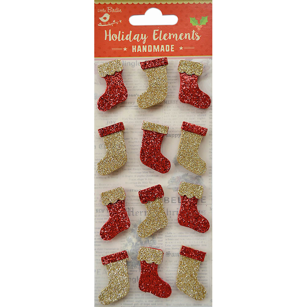 Christmas 3D Mini Glitter Stickers - Stockings, Gold & Red, 12Pcs