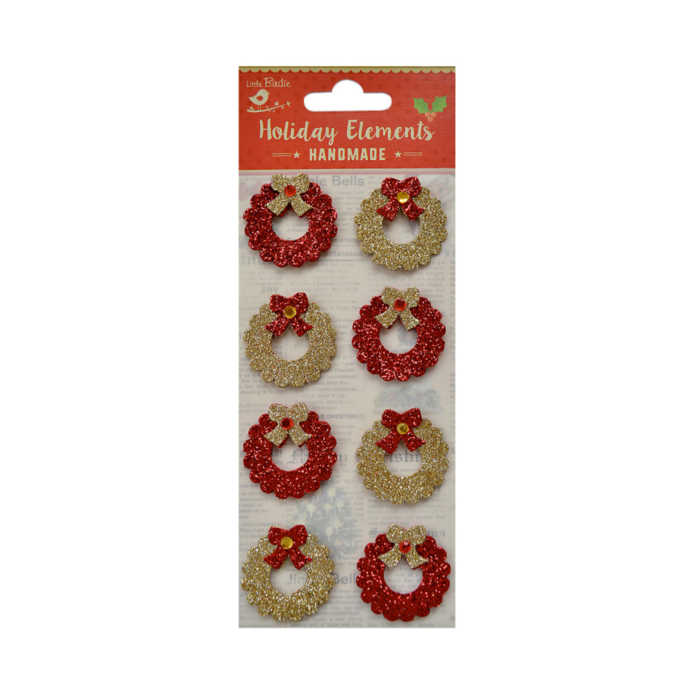 Itsy Bitsy Christmas Stickers - Glitter Wreath, Red and Gold, 8 pc