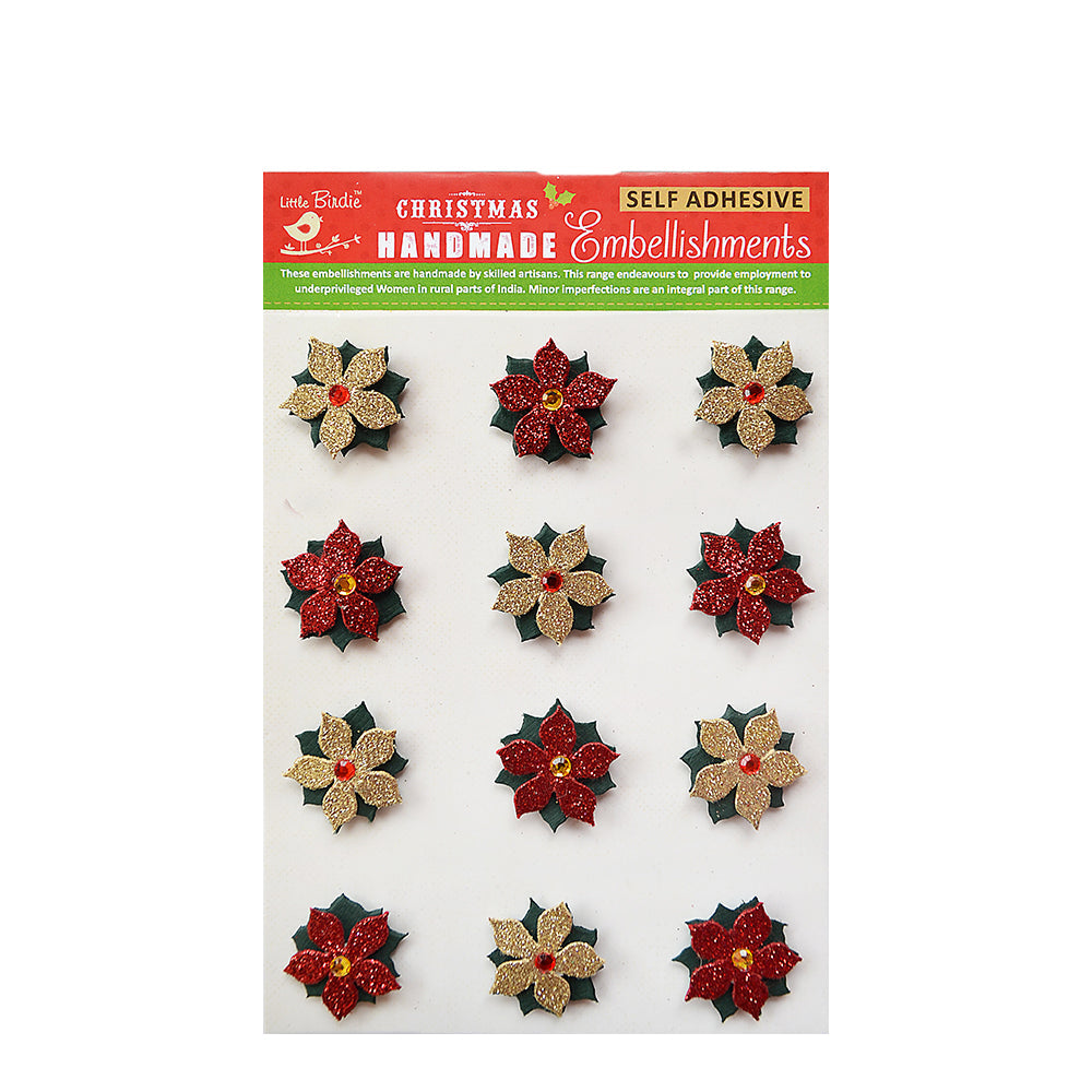Itsy Bitsy Christmas Stickers - 3D Mini Glitter Poinsettia, Gold and Red, 12pc