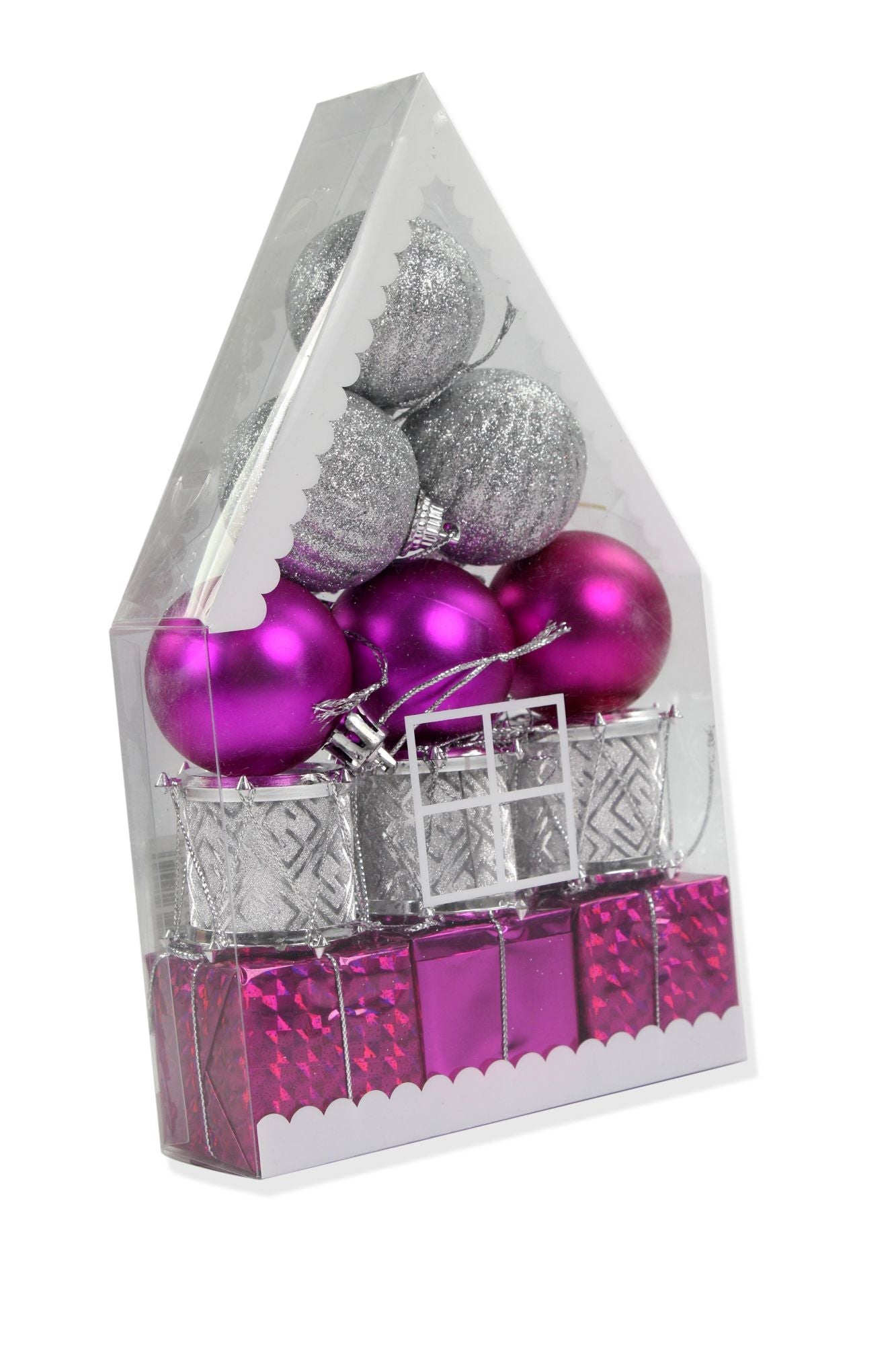 Decorative Christmas Hanging Ornaments - Baubles And Gifts, Pink And Silver, 1 Pack