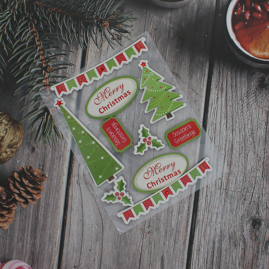 Christmas 3D Emb Decorated Tree W/Banner 10Pcs