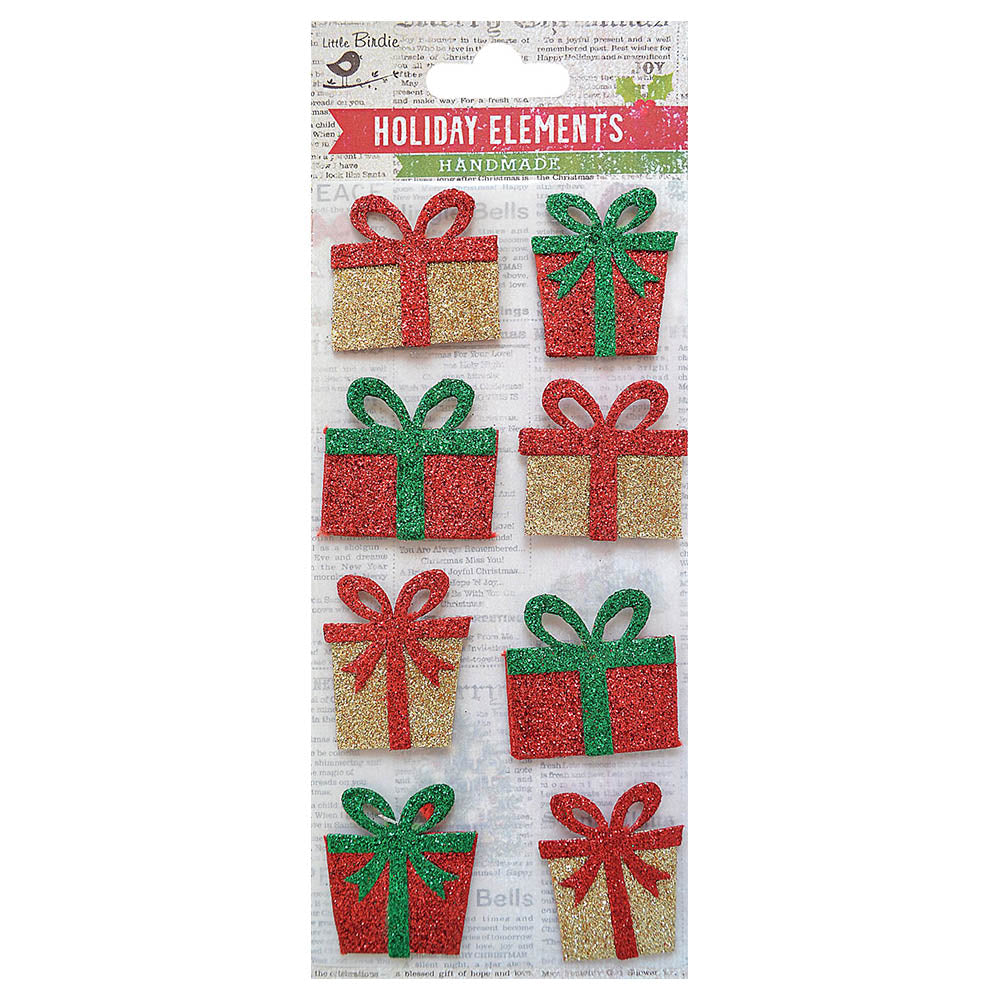Christmas 3D Stickers Mini Glitter Presents Red Green & Light Gold
