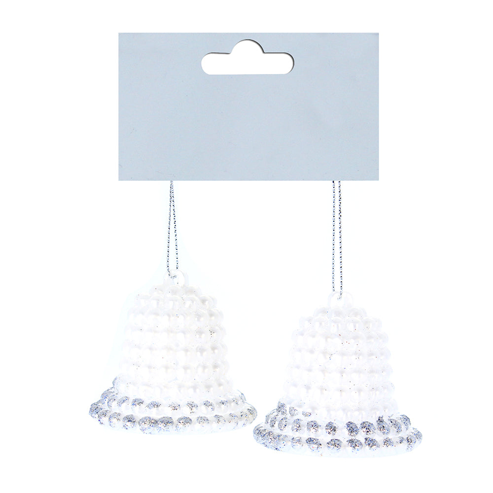 Christmas Decoration Hanging 2Pc- Beaded Glitter Bell Silver