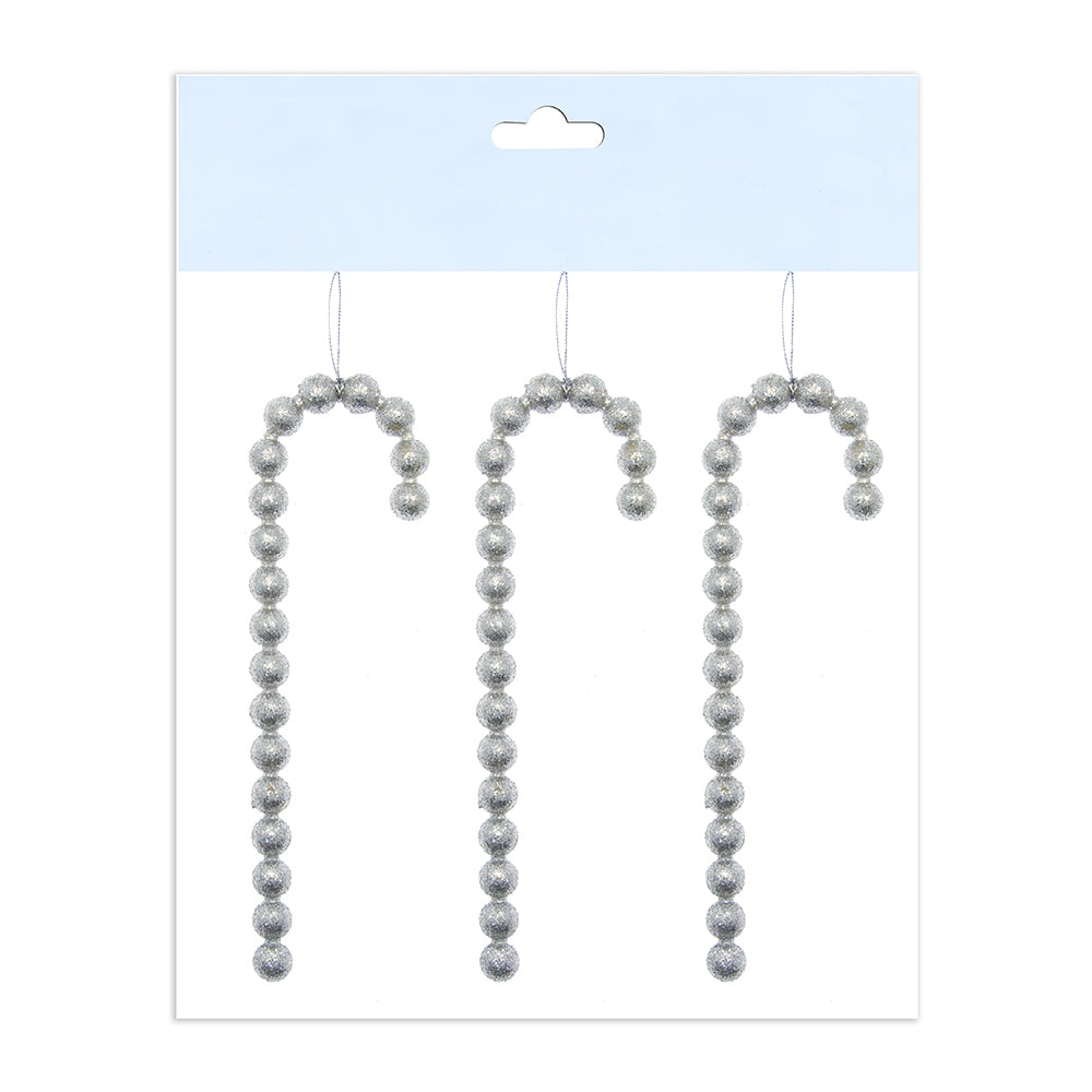 Christmas Decoration Hanging 140Mm- Beaded Glitter Candy Cane Silver