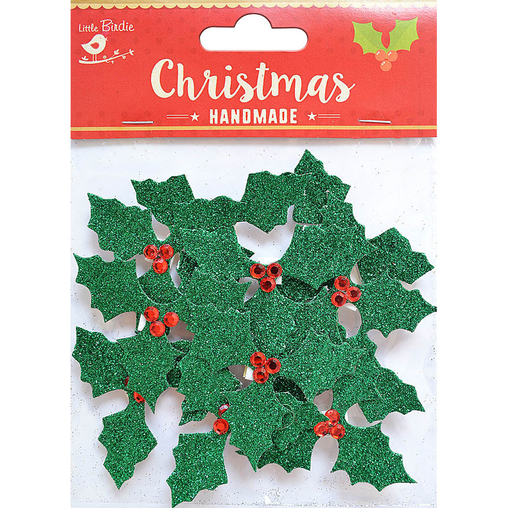 Christmas Stickers - Holly Jolly, Green Glitter Holly, 12Pc